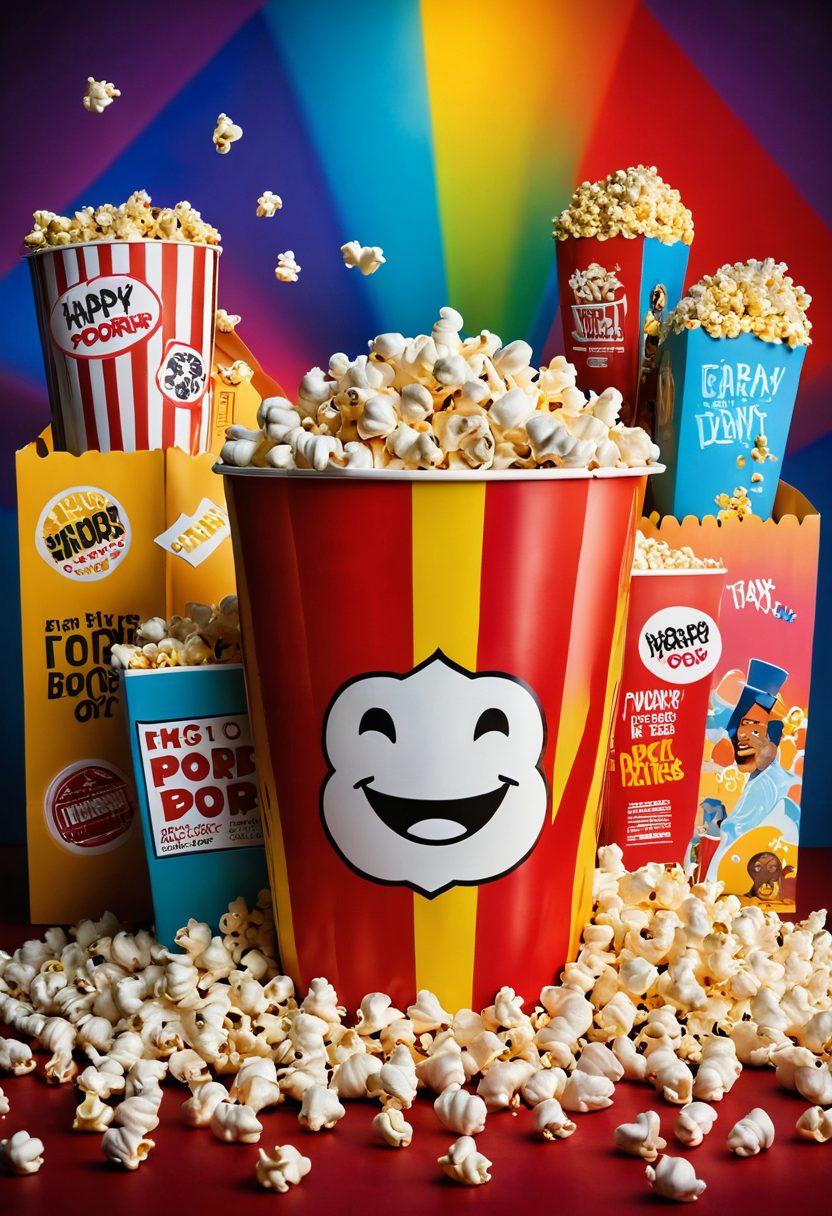 A colorful movie theater filled with diverse people laughing and enjoying feel-good films. In the foreground, a giant popcorn bucket spills over with happy faces on the kernels. Light beams source from the screen illuminating the audience, creating a warm and inviting atmosphere. Movie posters featuring iconic feel-good films form a vibrant collage on the walls. cheerful and whimsical. vibrant colors. 3D.