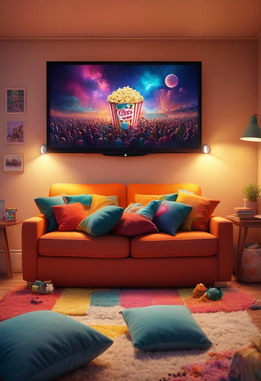 A warm and inviting cinema setting featuring a cozy couch with colorful cushions, popcorn overflowing from a bucket, and a big screen displaying iconic feel-good movie scenes filled with laughter. Soft glowing lights create a nostalgic ambiance while whimsical illustrations of joyful characters float around in a dreamlike manner. The overall scene exudes happiness and comfort. vibrant colors. 3D. cozy art style.