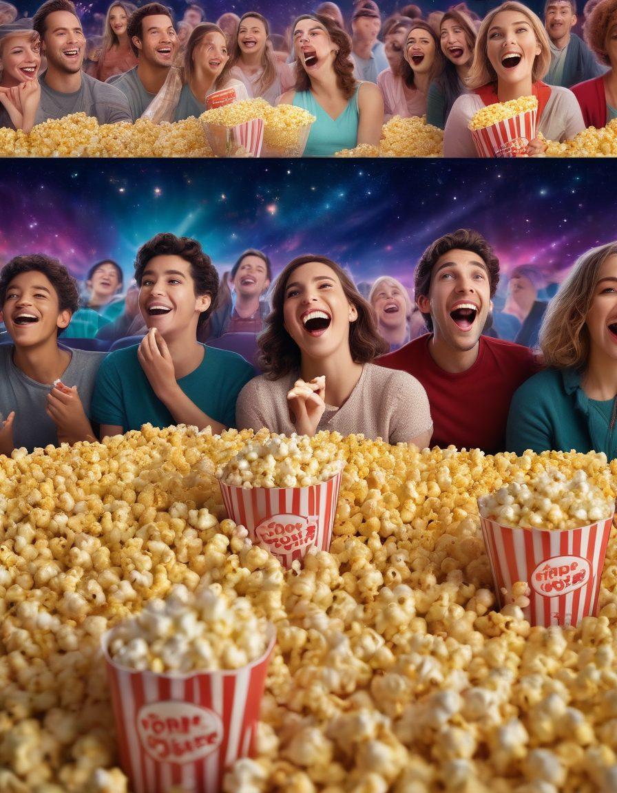 A lively cinema scene filled with diverse groups of people laughing and enjoying popcorn, with bright movie posters in the background showcasing feel-good films. Incorporate colorful lighting effects reminiscent of a joyous atmosphere, along with animated expressions of happiness. Include whimsical elements like floating film reels and stars to represent the positive vibes. vibrant colors. 3D. whimsical.